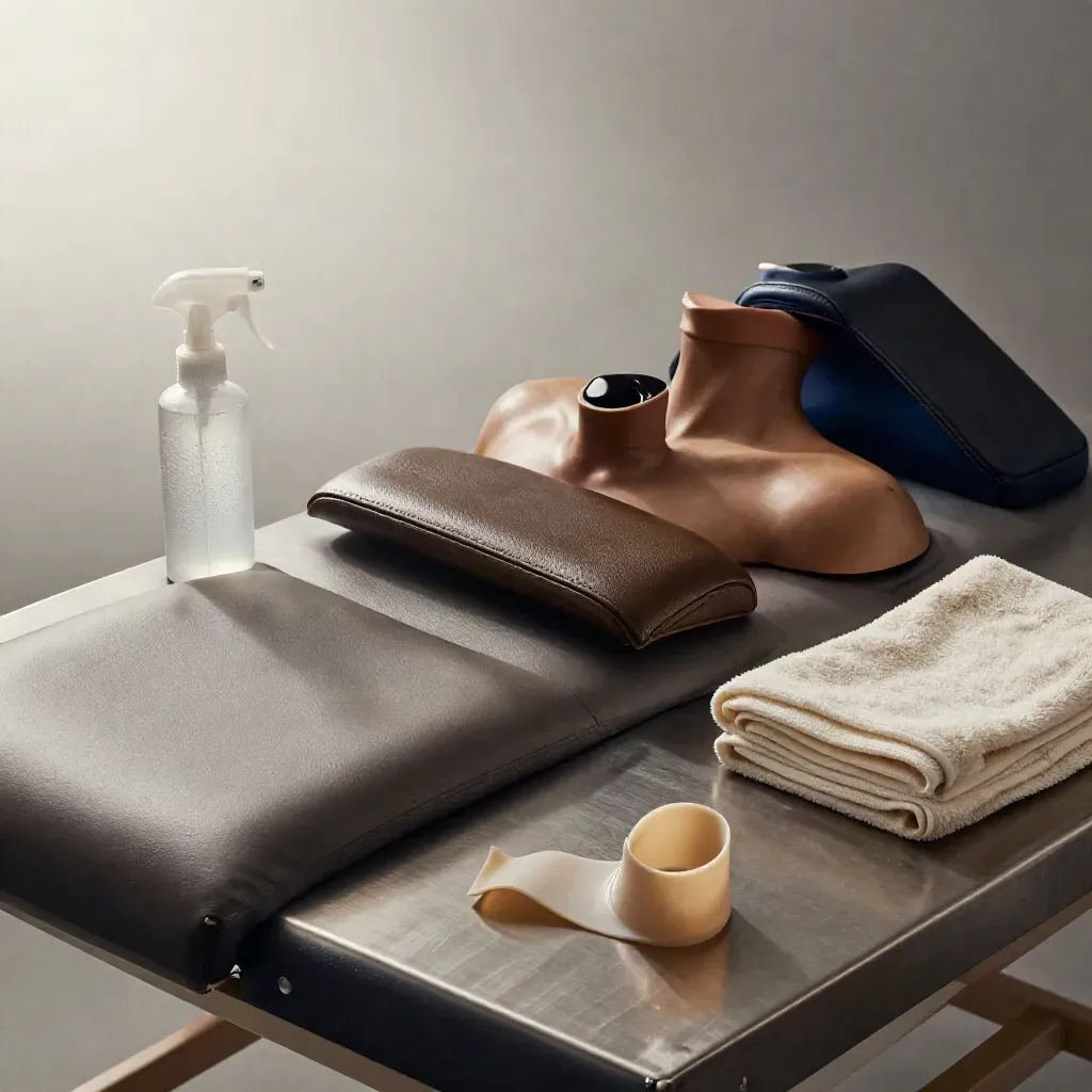 Studio bed with rests, spray bottle, towel and practice skin in a tense tattoo prep scene.