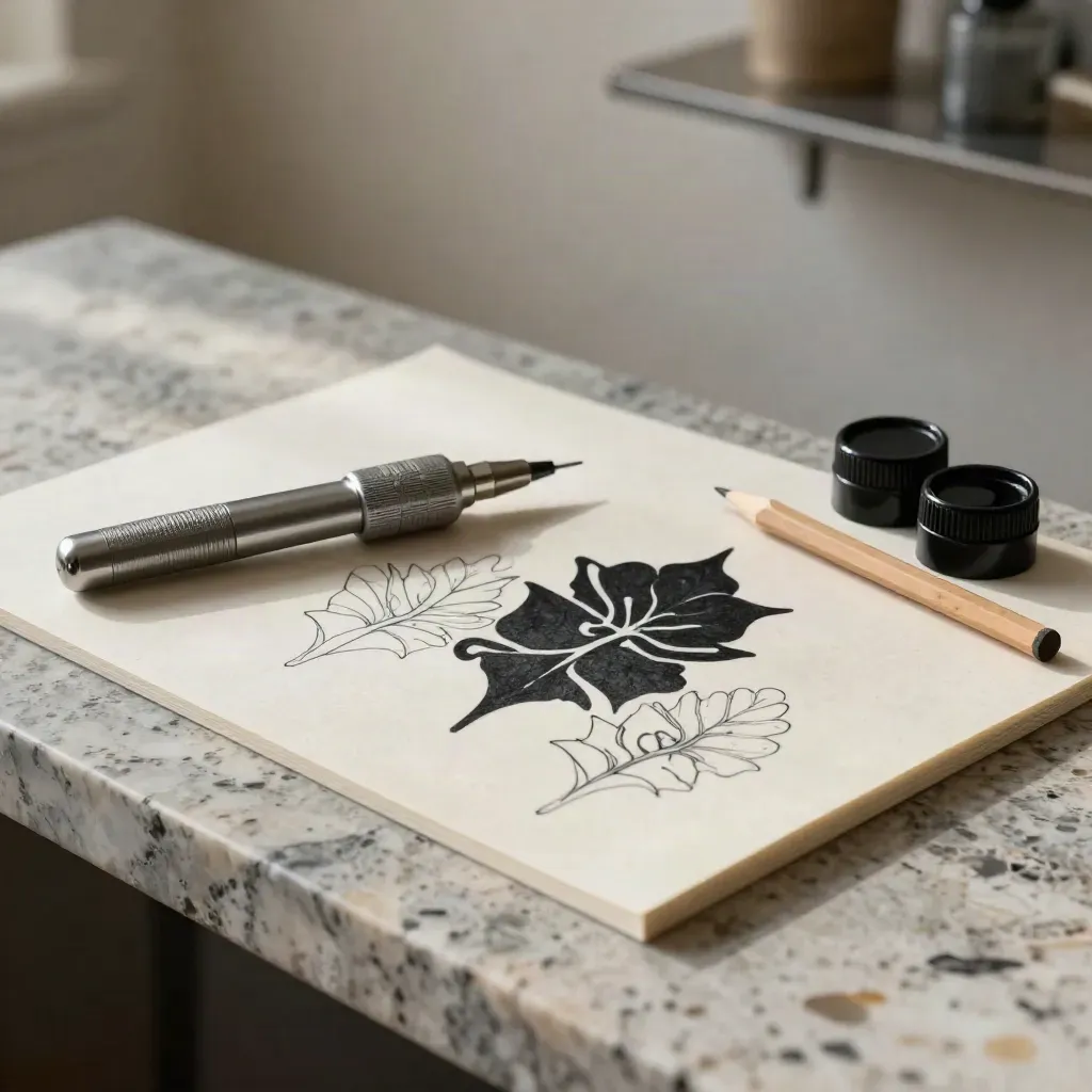 Tattoo flash sheets, a slim machine, pencil and ink cap on travertine.