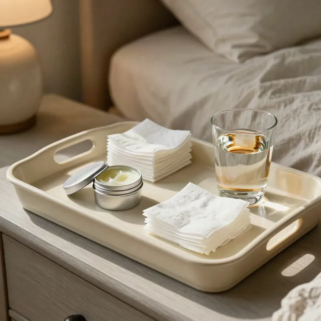 Aftercare kit on an ivory tray beside a bed, with balm, gauze, towel and water