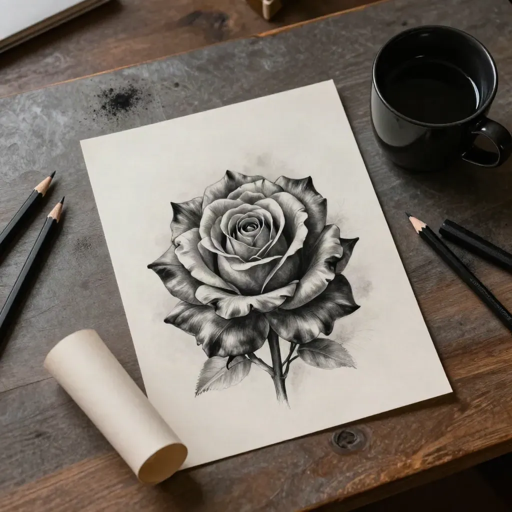 Overhead tattoo desk with rose study print, charcoal pencils, stencil paper and a black cup.