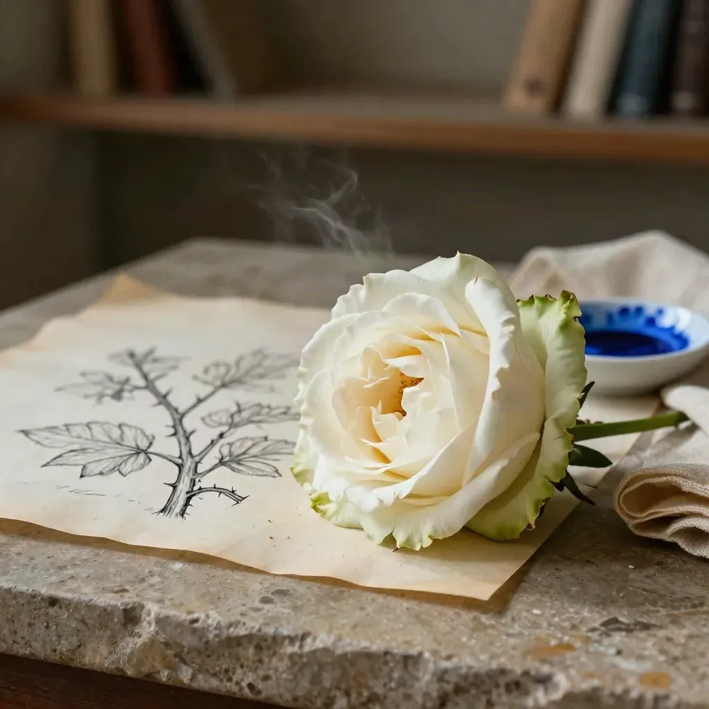 Rose bloom beside a tattoo meaning sketch, ink swab dish and cloth on stone.