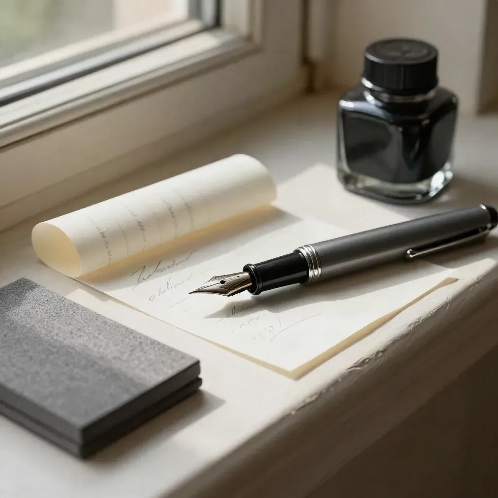 Nib pen, blotter, curling tracing paper and ink bottle on a sunlit ledge