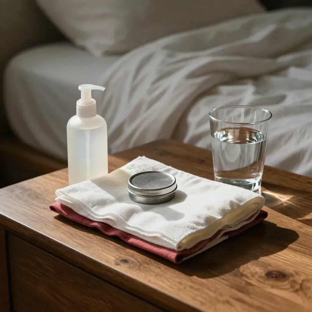 Bedside healing kit with soap, gauze, balm tin and water in soft morning light.