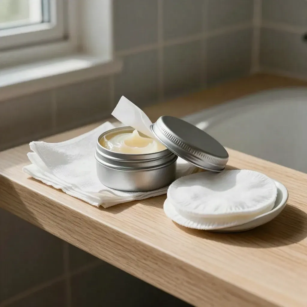 Opened balm tin with gauze, cotton pads and ceramic dish on a pale oak shelf.