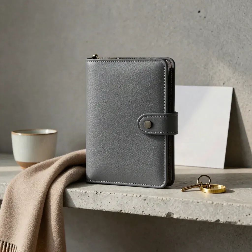 Travel folio, scarf, cup, keyring and transit sleeve on a stone shelf in soft side light.