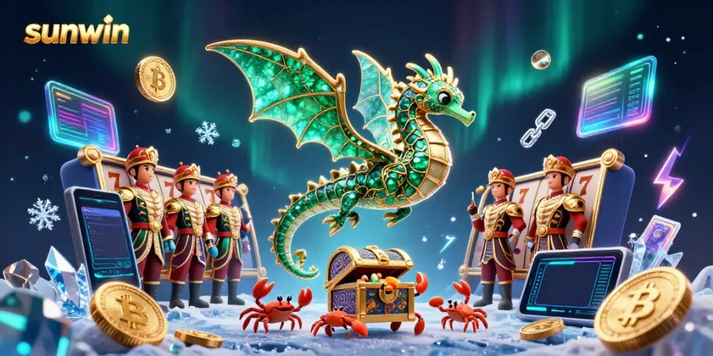 Experience the thrilling world of sunwin with this dynamic 3D casino scene featuring gaming symbols and enchanting characters.