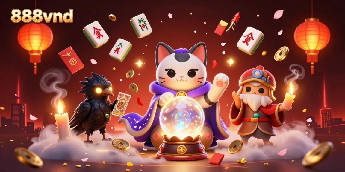 Immerse in 888vnd's vibrant casino world with a mystical cat and tarot-dealing raven.