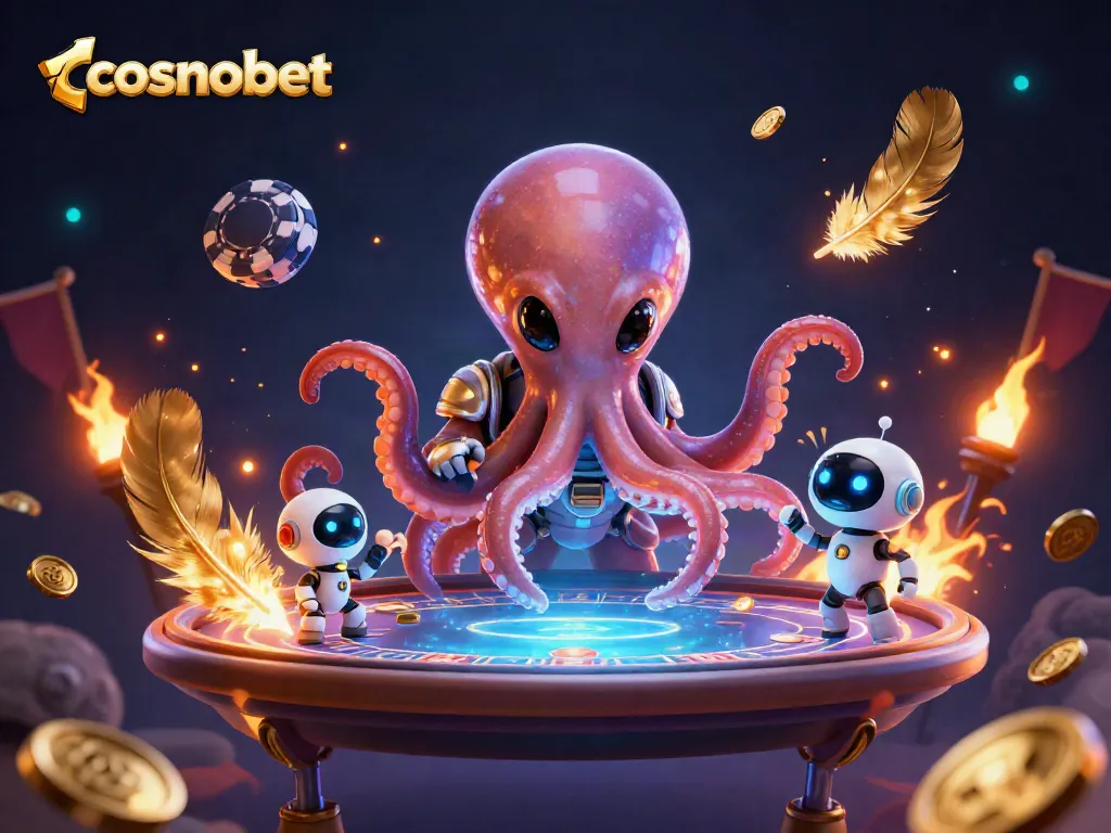 Engage in thrilling poker action with cosmobet featuring a cartoon octopus and a beeping robot.
