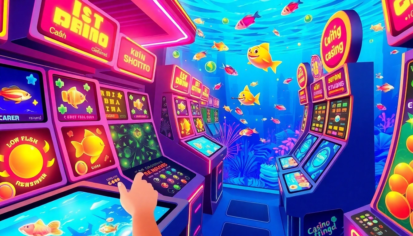 Engaging scene of players enjoying bắn cá đổi thưởng in a lively casino arcade, showcasing colorful fish and thrilling rewards.