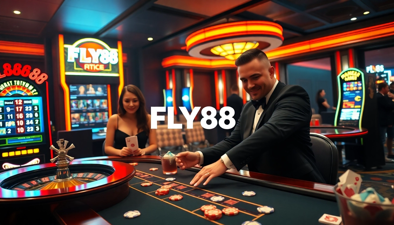 Experience the thrill of gambling at FLY88 with vibrant casino tables and excited players.