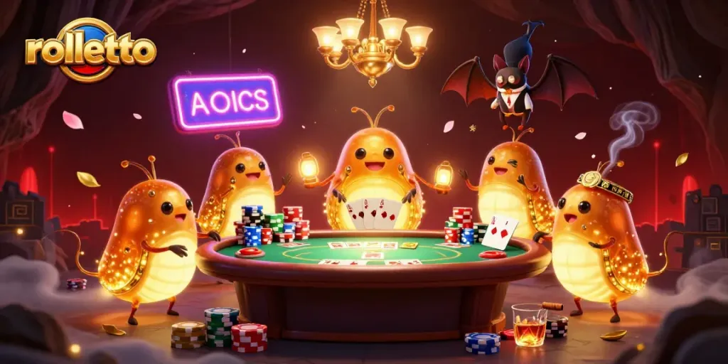 Experience the thrill of rolletto in a vibrant cave casino illuminated by glowworms and a bat dealer.