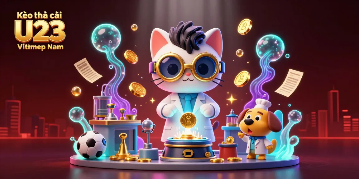 Kèo nhà cái U23 Việt Nam showcases dynamic sports betting action with a cartoon cat scientist and assistant creating exciting betting opportunities.