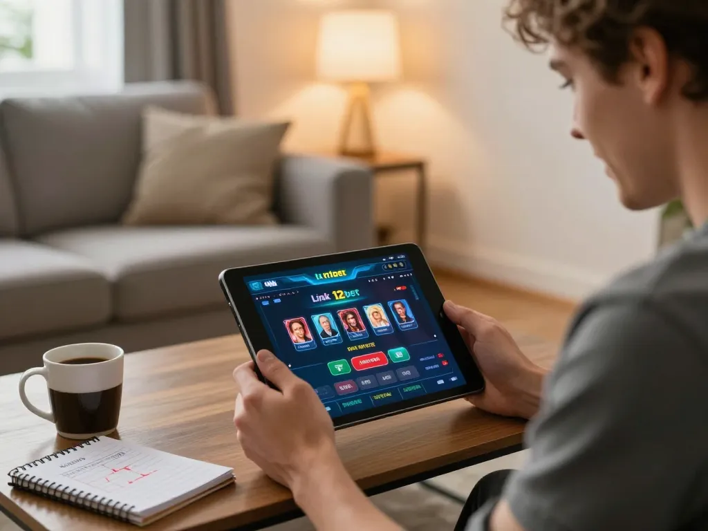 Chơi trò chơi casino trực tuyến bằng ứng dụng Liên Kết 12bet trên máy tính bảng từ một phòng khách ấm cúng.