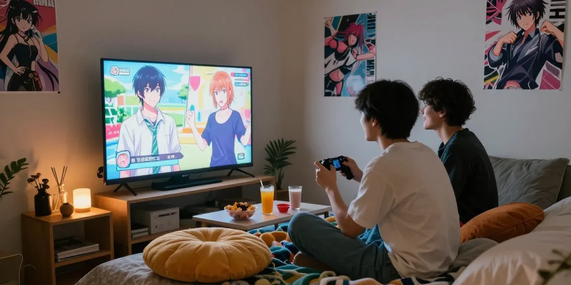 Cozy gaming scene featuring friends enjoying an ecchi game on a large screen in a vibrant bedroom