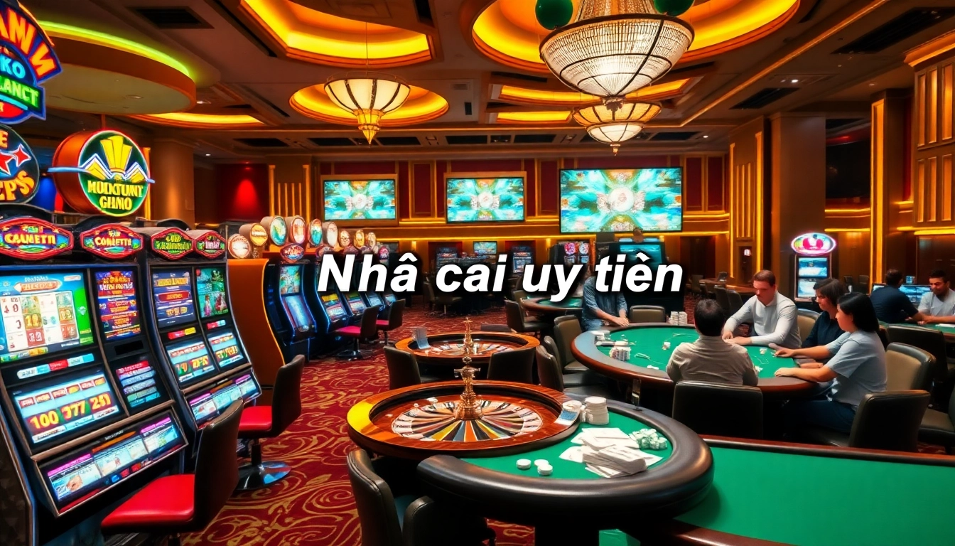Experience the thrill of gambling in a vibrant casino with 'Nhà cái uy tín' showcased prominently on a screen.