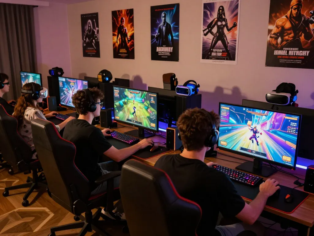 Porn games online players enjoying immersive interactive gaming experience in a vibrant digital setup.