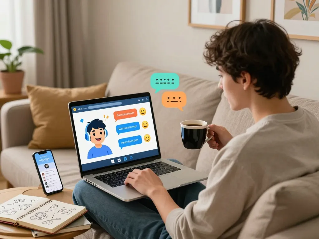 Engaging sex chat AI conversation on a laptop in a cozy setting, illustrating vibrant interactive dialogue bubbles.