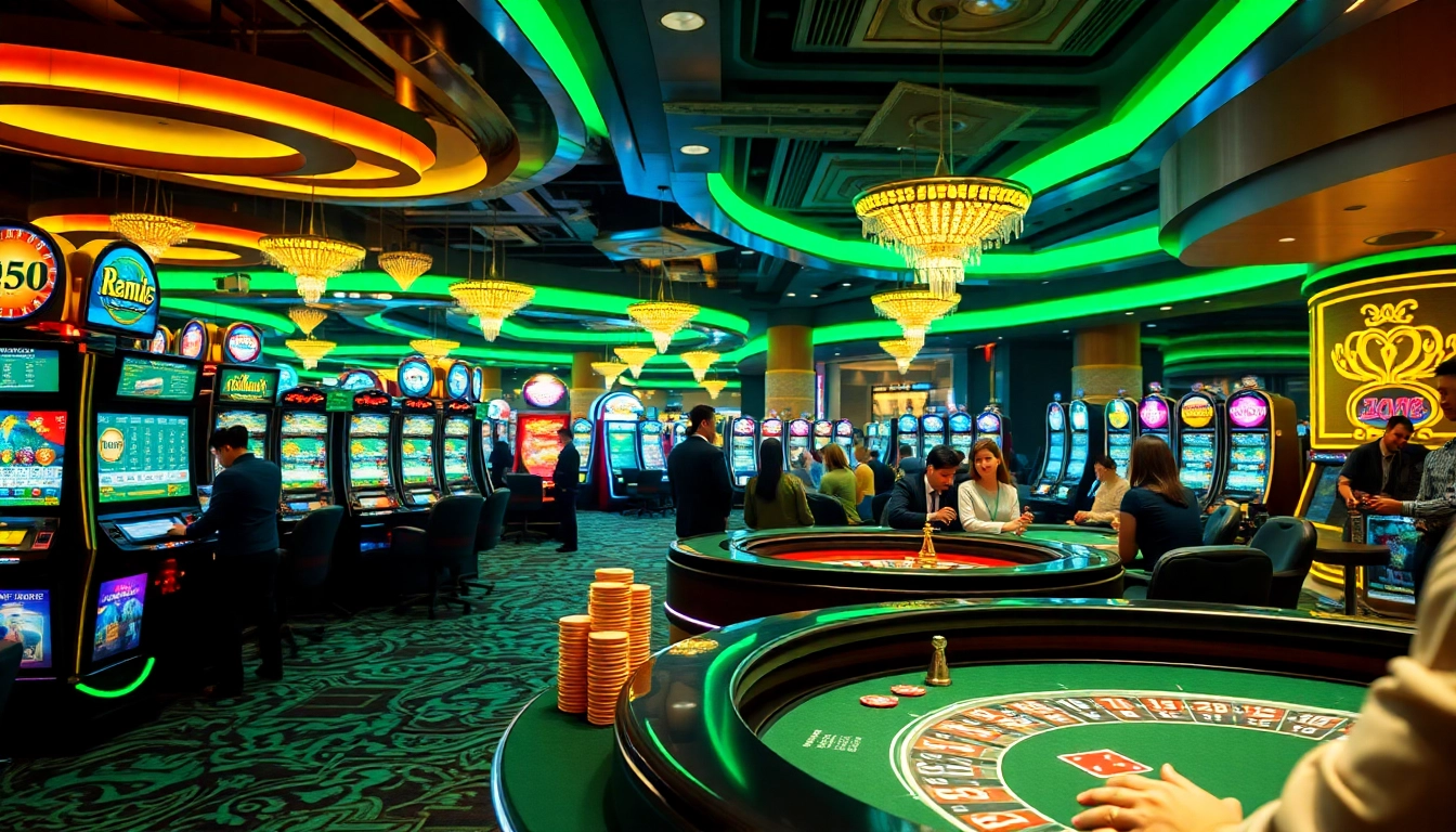An exciting view of "game bài đổi thưởng" in action, featuring vibrant casino floor activities with players at poker and roulette tables.