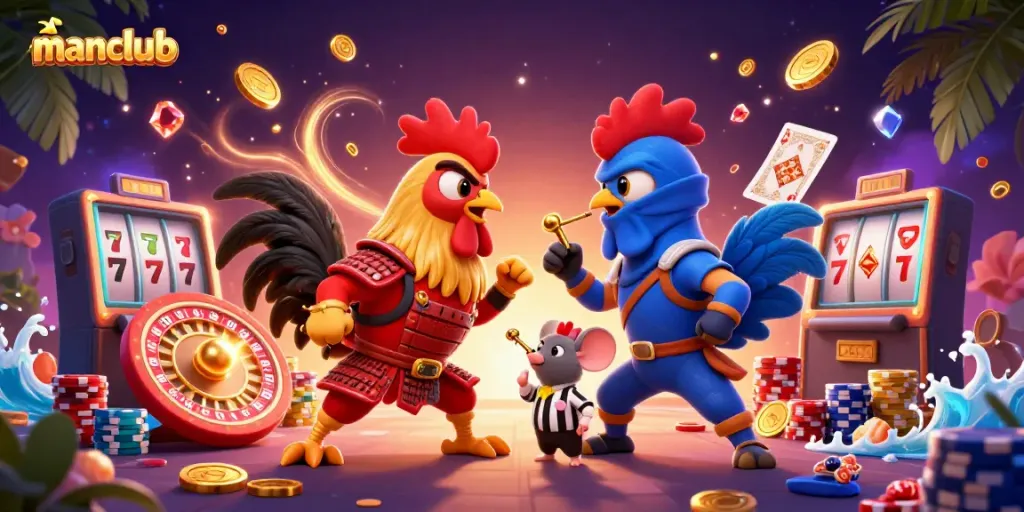 Experience thrilling gameplay with manclub as fighting roosters battle amidst cascading coins and sparkling gems.