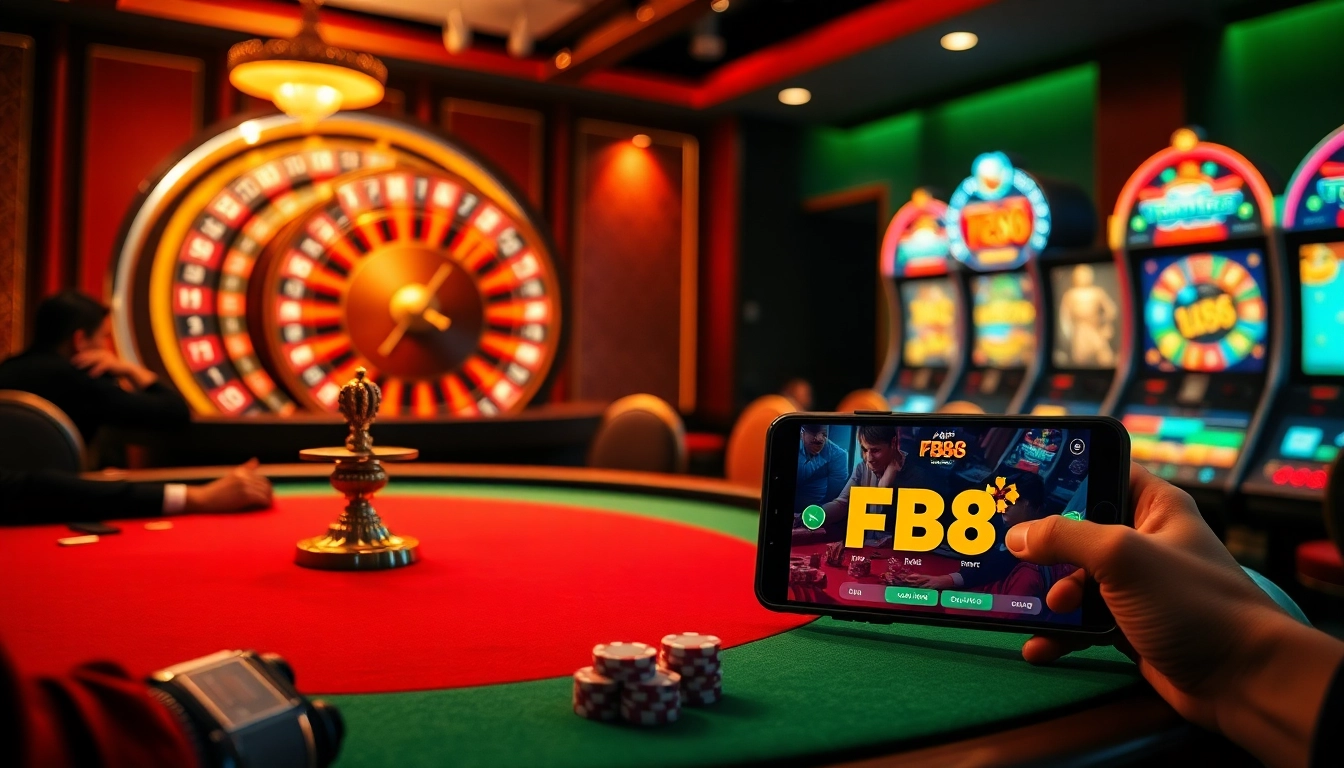 Tải App FB88 to join thrilling poker games and vibrant casino experiences, showcasing a luxurious casino setting with engaging activities.