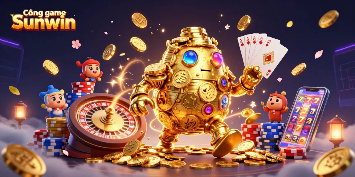 Experience the excitement of Cổng game Sunwin with golden golem, coins, and casino elements.