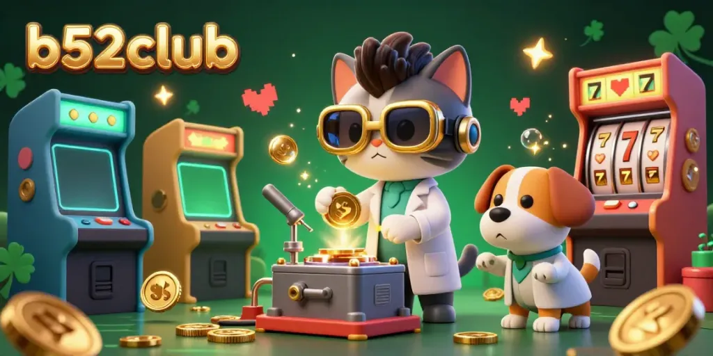 B52club gaming scene showcasing a mad scientist cat and dog amidst dynamic colorful casino elements and golden coins.