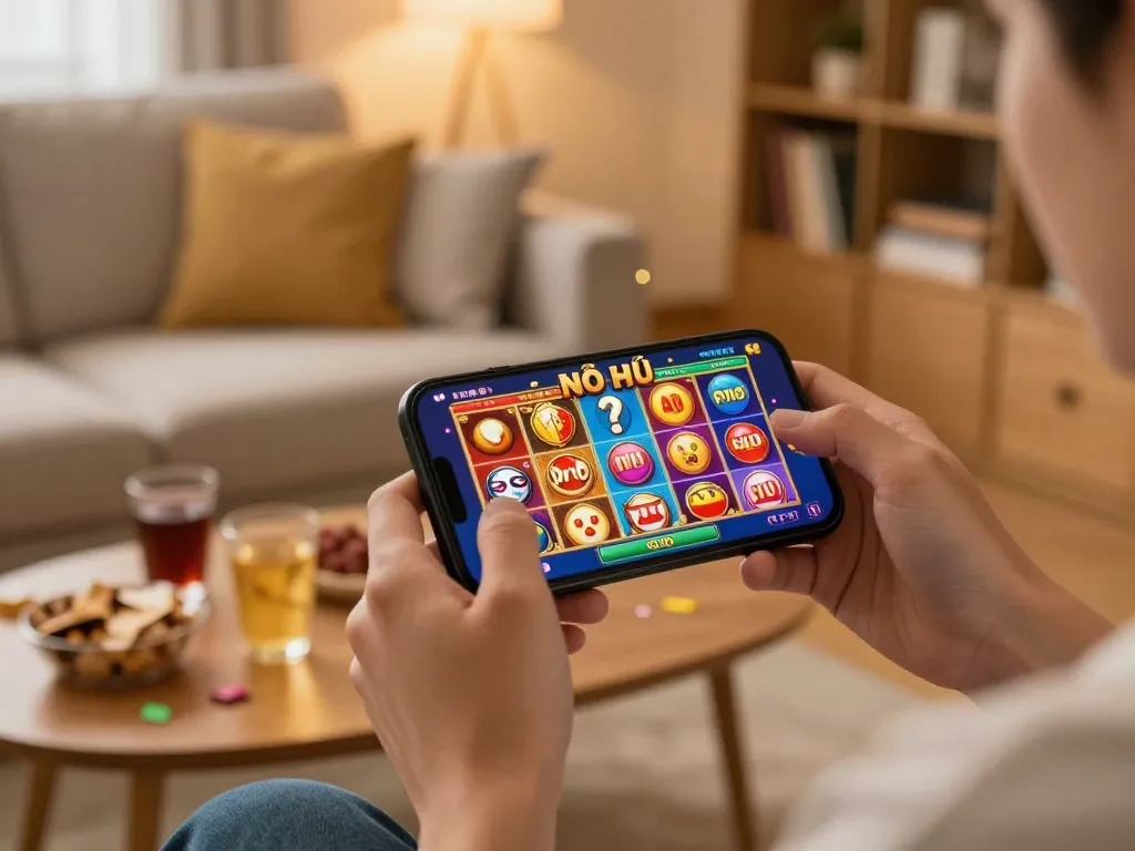 Nổ hũ mobile slot gaming session with vibrant celebration on smartphone screen, showcasing home entertainment.
