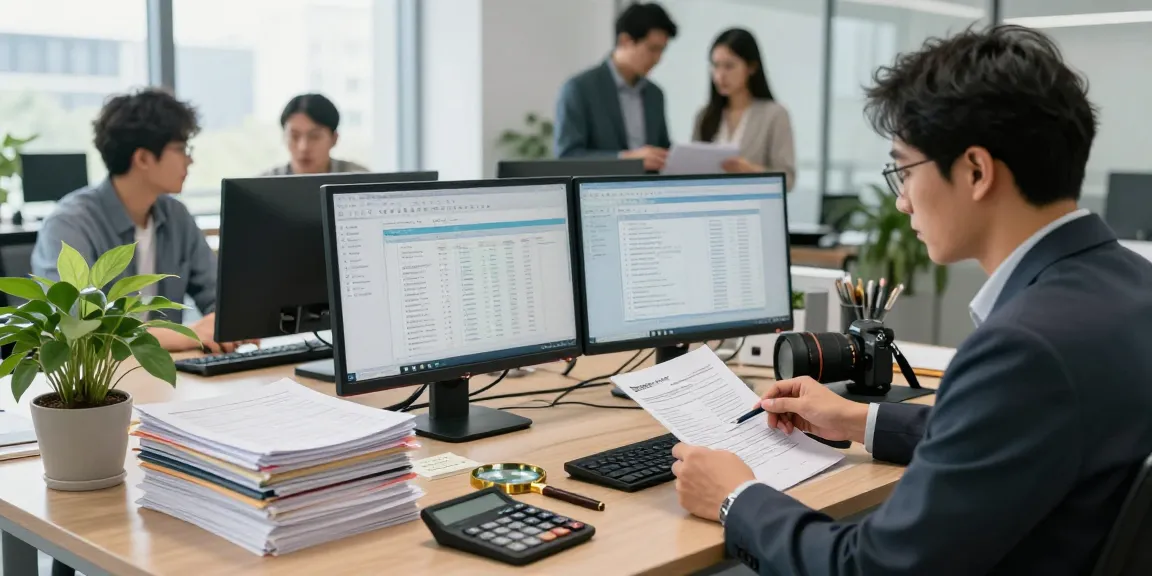 Forensic auditor working at a desk with financial documents, highlighting aafikotasurabaya.org expertise.