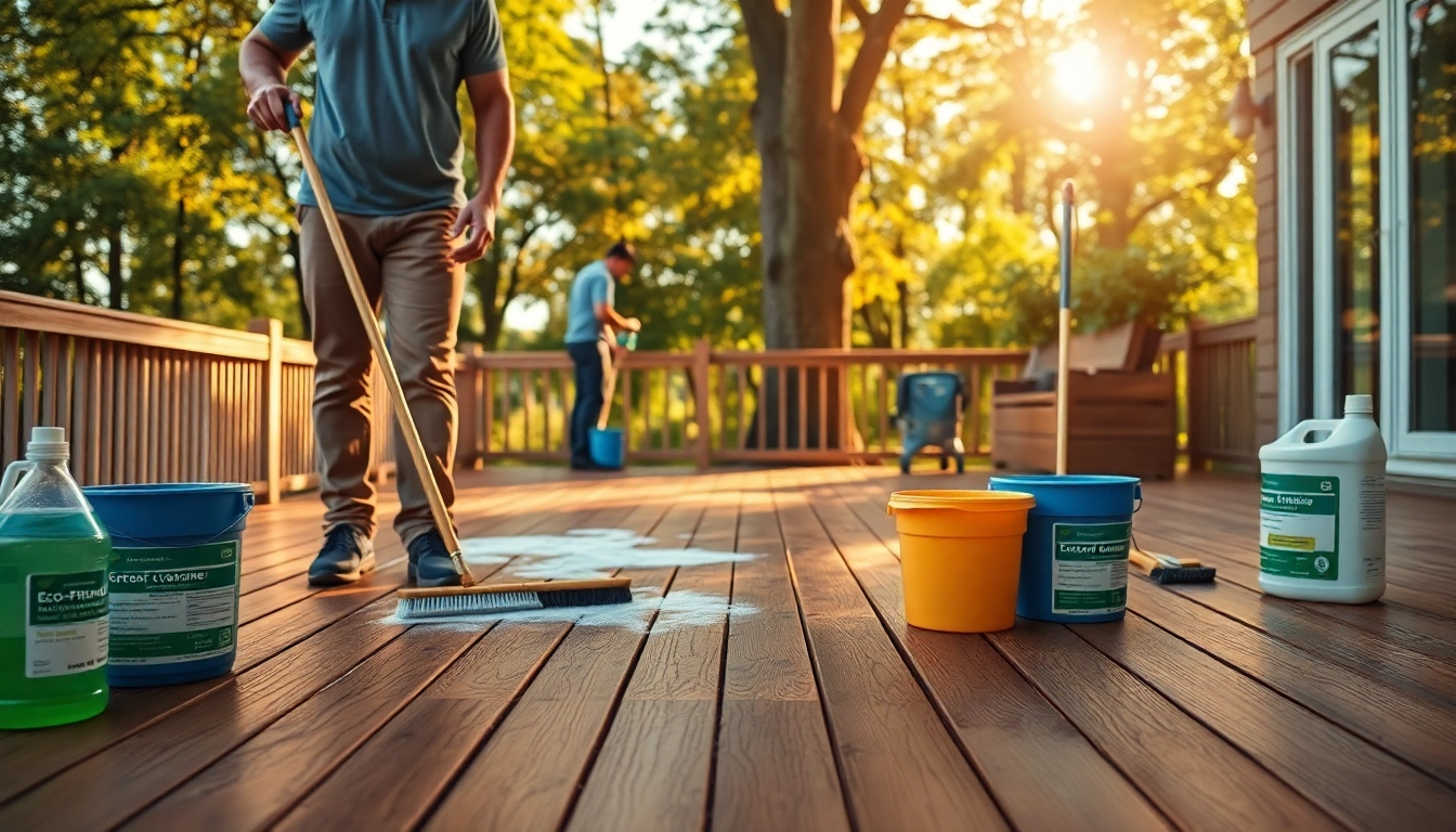 Wooden surface cleaning in action, showcasing a crew revitalizing a beautiful deck.