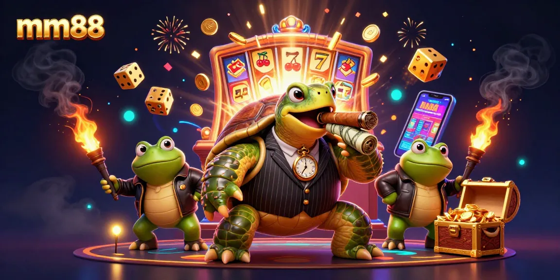 mm88 turtle in a mobster suit winning big at the casino with slot machines and golden coins.