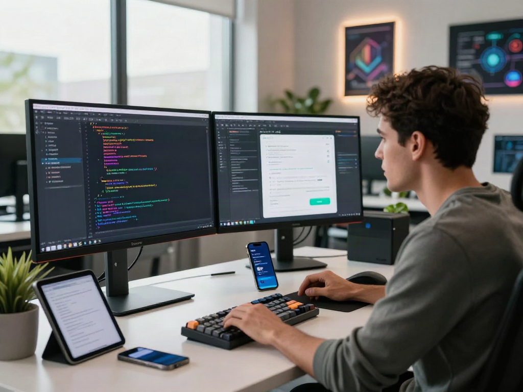 Developer focused on creating innovative juicy ai software in a modern workspace surrounded by tech gadgets.