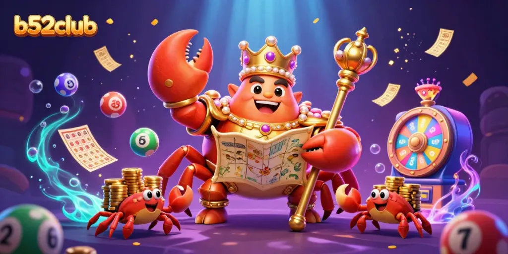 Experience the thrill of b52club gaming with a golden crab emperor and vibrant lottery elements in a stunning 3D scene.