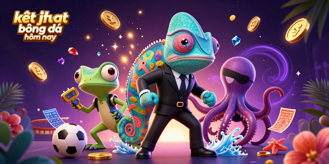 Kết quả bóng đá hôm nay showcased in a vibrant 3D casino scene with a secret agent chameleon, gecko, and octopus amidst dynamic gambling elements.