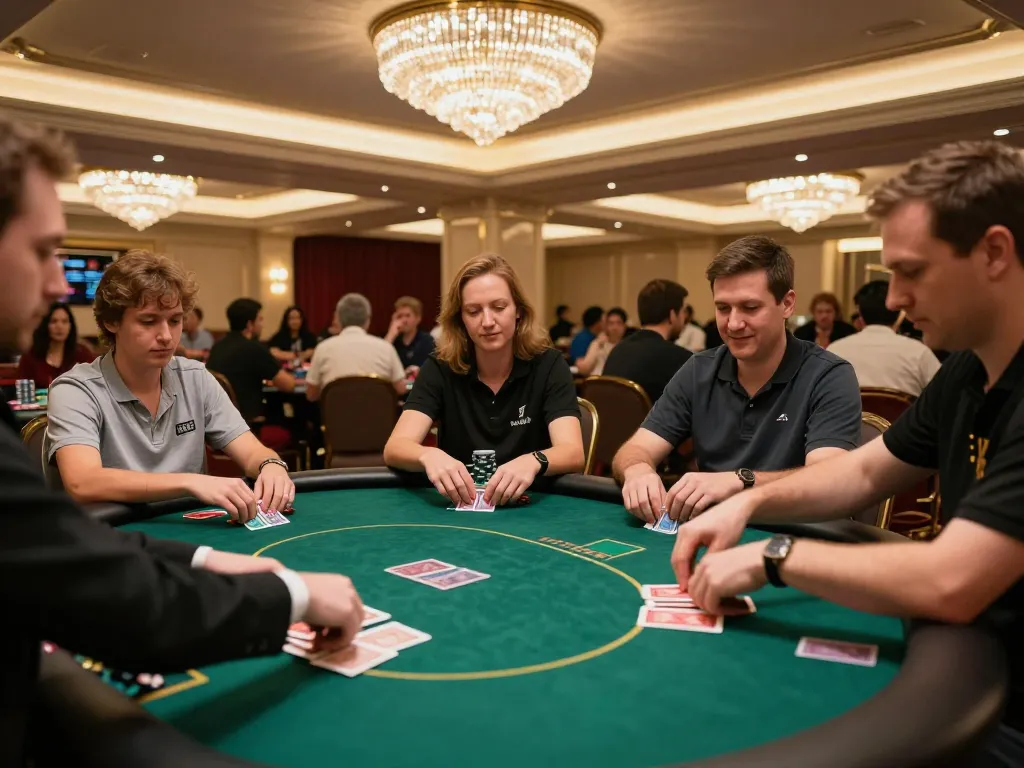 Action at a high-stakes poker table at nk88, showcasing engaged players and vibrant casino atmosphere.