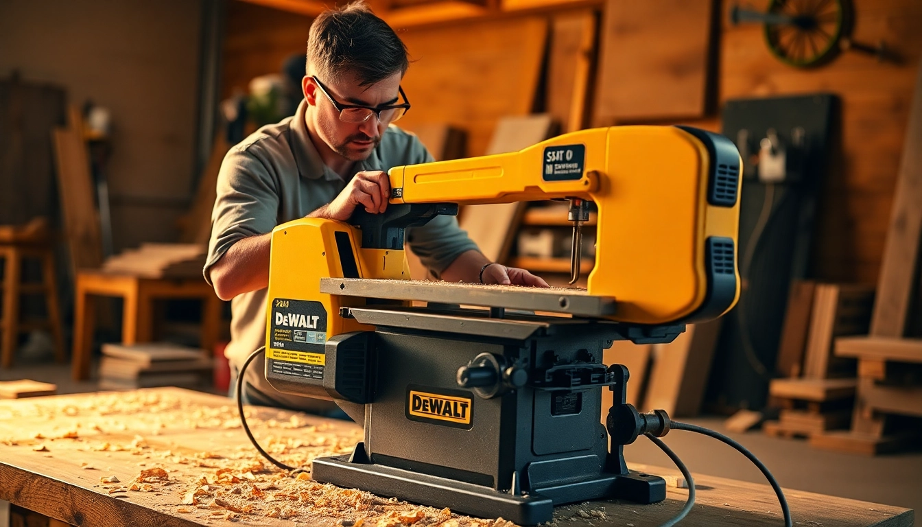 Dewalt bandsaw cutting through wood, showcasing precision in a woodworking workshop.