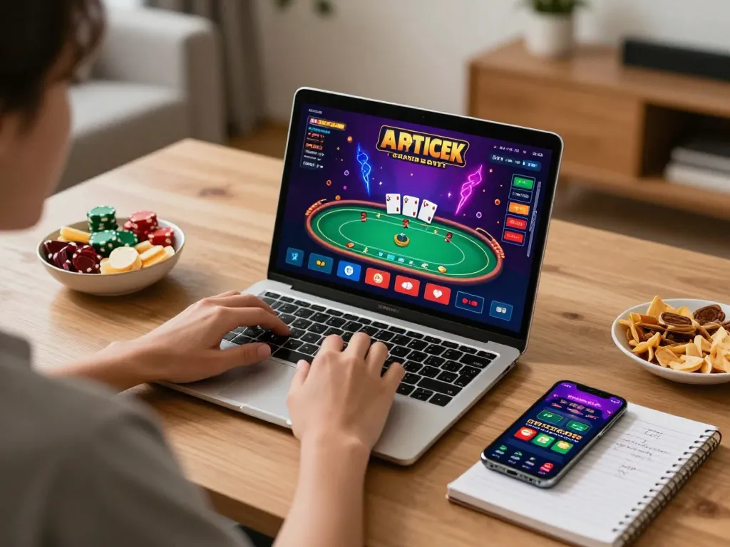 Engaging with 123win online poker at a stylish home gaming setup, showcasing strategy notes and a betting app.