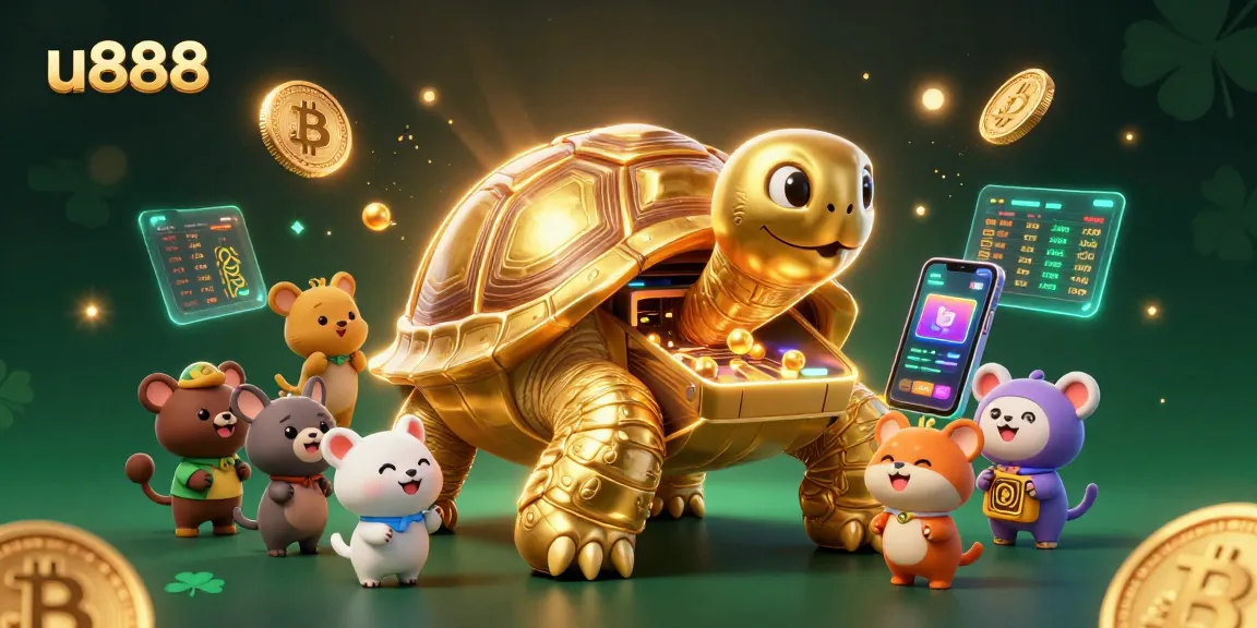 Experience thrilling gaming action with u888 featuring a gigantic pinball turtle surrounded by vibrant crypto elements.