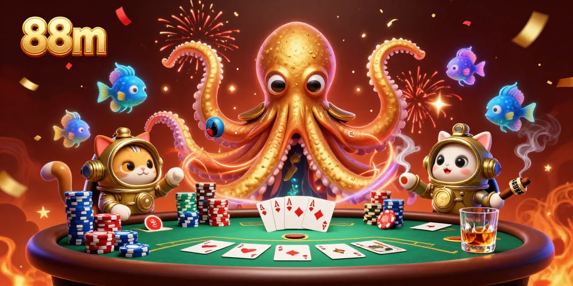 Engage with the thrilling world of 88m as the kraken, diving cat, and bioluminescent fish surround a festive poker scene.