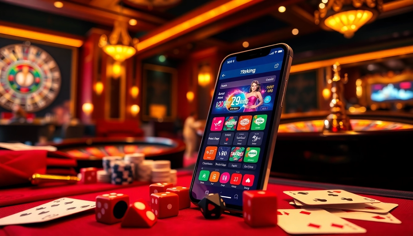 Engaging scene of the 79king app interface with casino elements like poker chips and cards.