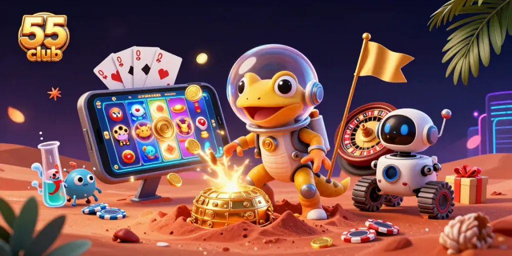 Play thrilling games at 55 club in a vibrant alien casino setting.