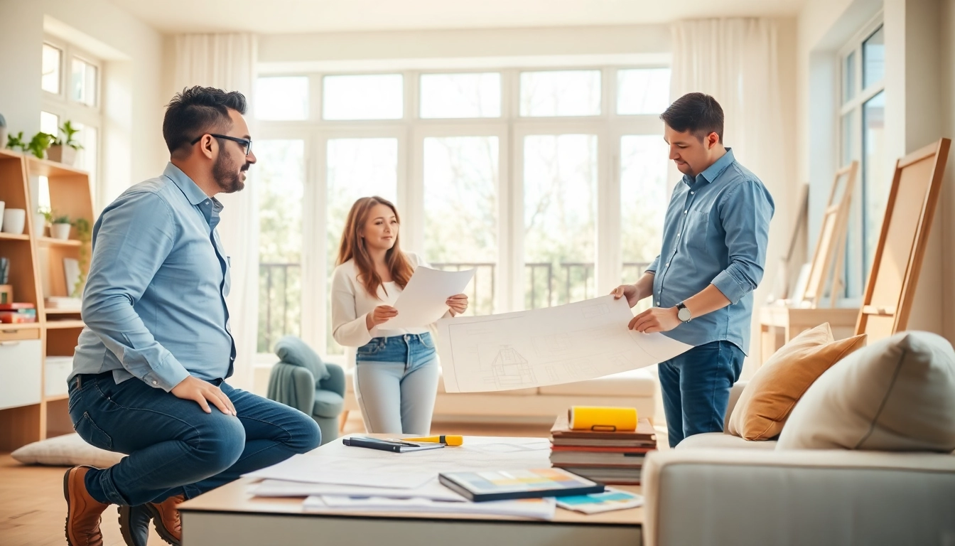 Experienced renovators near me collaborating on a home renovation project in a bright living room.