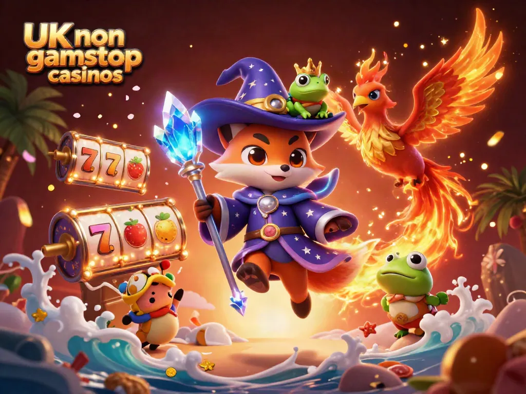 Engage with vibrant UK non gamstop casinos featuring a cartoon wizard, phoenix, and rich casino elements.