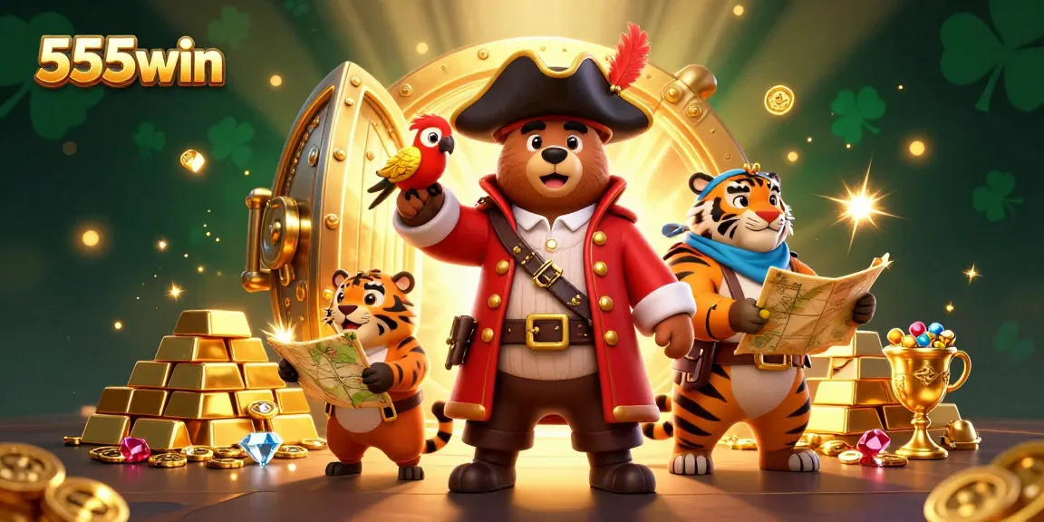 Catch exciting moments with 555win as the cartoon pirate captain and friends surround a treasure of casino rewards.
