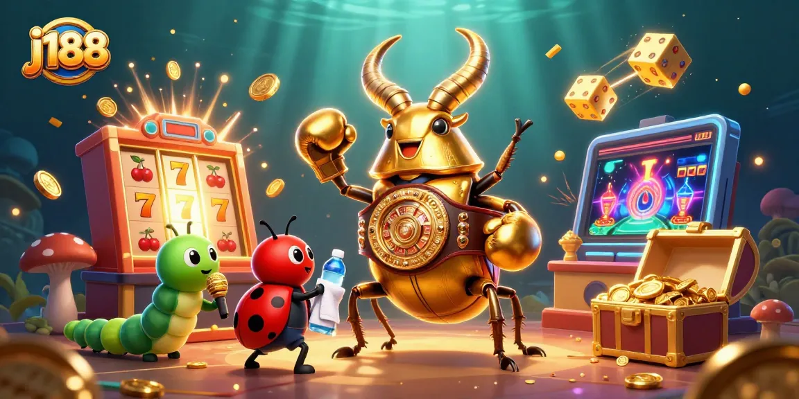Join the fun with j188 as a golden stag beetle faces off while slot machines burst with coins.