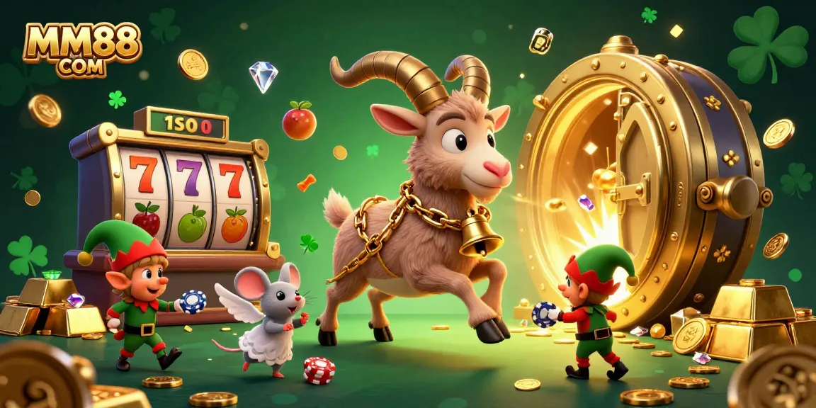 Engage with MM88 COM in a vibrant 3D casino scene featuring a festive Krampus goat and mischievous elves.
