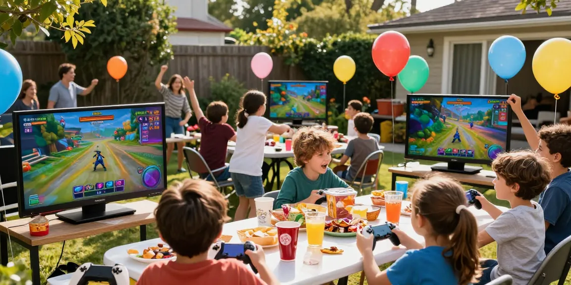 Gaming party London with kids enjoying competitive gaming in a festive backyard.
