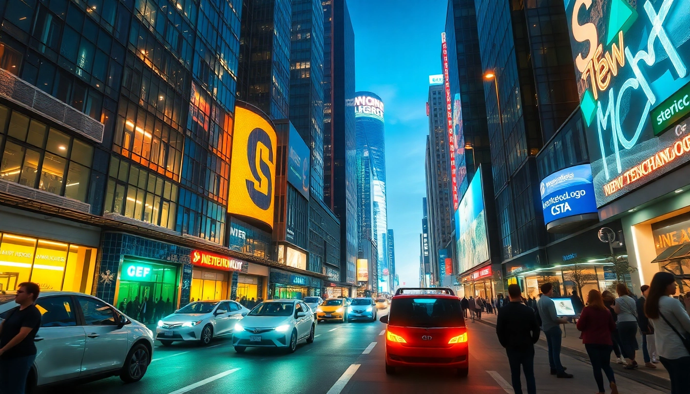 Stunning urban scenery depicting New Technology advancements in daily life with smart vehicles and futuristic buildings.