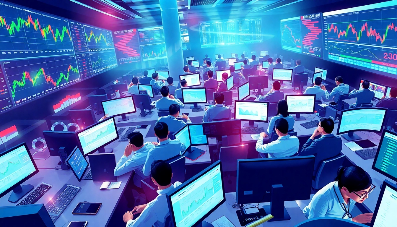 Sway markets depicted through a vibrant digital trading floor scene showcasing eager traders engaged with financial data.