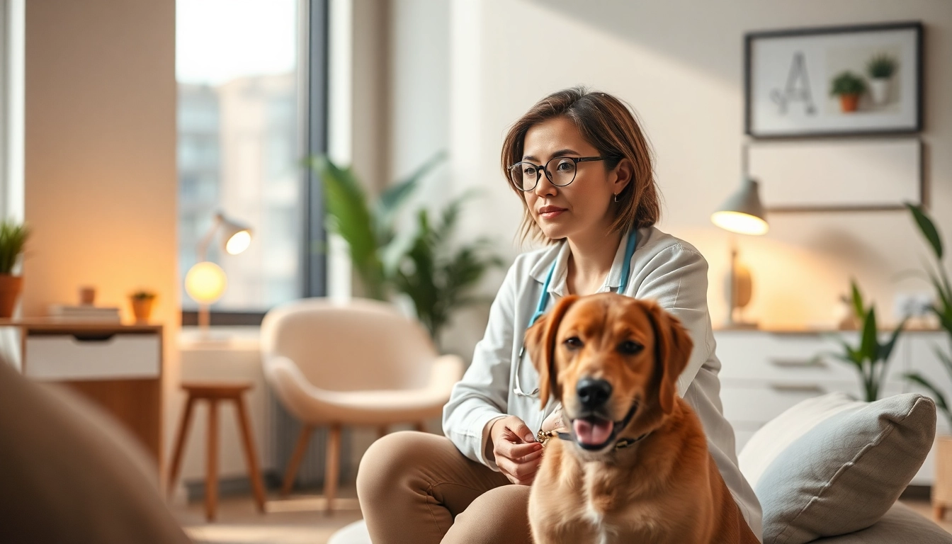 Anxiety treatment Sydney session with a psychologist and a therapy dog fostering a supportive environment.