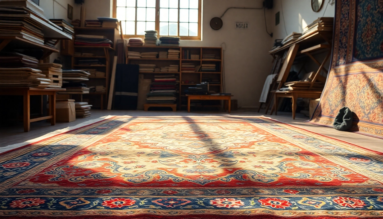 Restauro Tappeti Milano: skilled artisan restoring a vivid and intricate rug in a Milanese workshop.